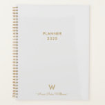 Agenda Monograma de Script Dourado de Cinza Moderna<br><div class="desc">Planeador de Monograma Dourado de Leitura de Cinza Moderna. Um design monograma moderno e elegante,  com tipografia de guiões minimalistas dourados e escrita à mão,  e tipografia de blocos serif numa Cinza elegante pastel clara. O monograma e o nome podem ser facilmente personalizados.</div>