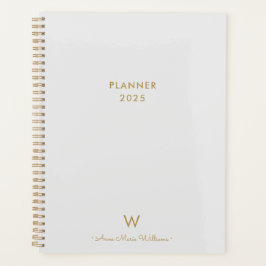 Agenda Monograma de Script Dourado de Cinza Moderna