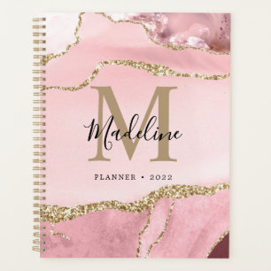 Agenda Monograma de Script Dourado de Geodo de Agato Rosa