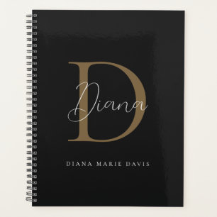 Agenda Monograma de Script Dourado de Mídia Negra Chic Mi