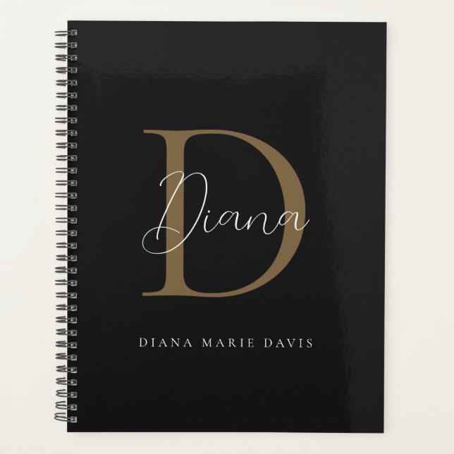 Agenda Monograma de Script Dourado de Mídia Negra Chic Mi (Frente)