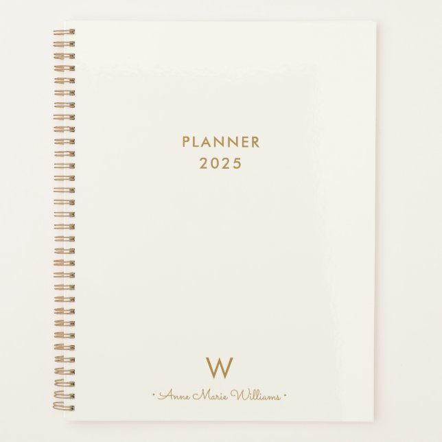 Agenda Monograma de Script Dourado do Marfim Moderno (Frente)