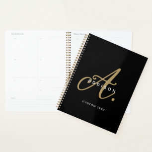 Agenda Monograma de Script Dourado e Preto Elegante