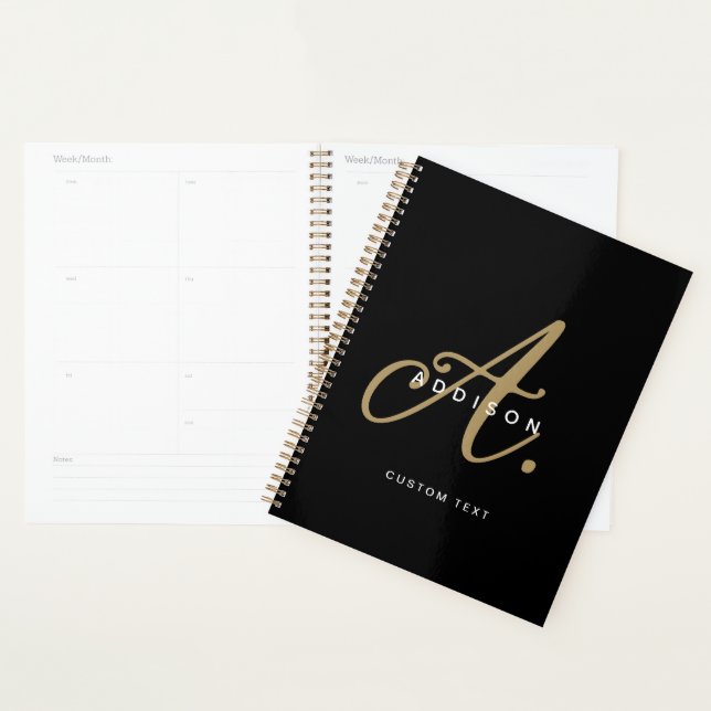 Agenda Monograma de Script Dourado e Preto Elegante (Exibição)