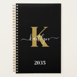 Agenda Monograma de Script Dourado Preto Elegante