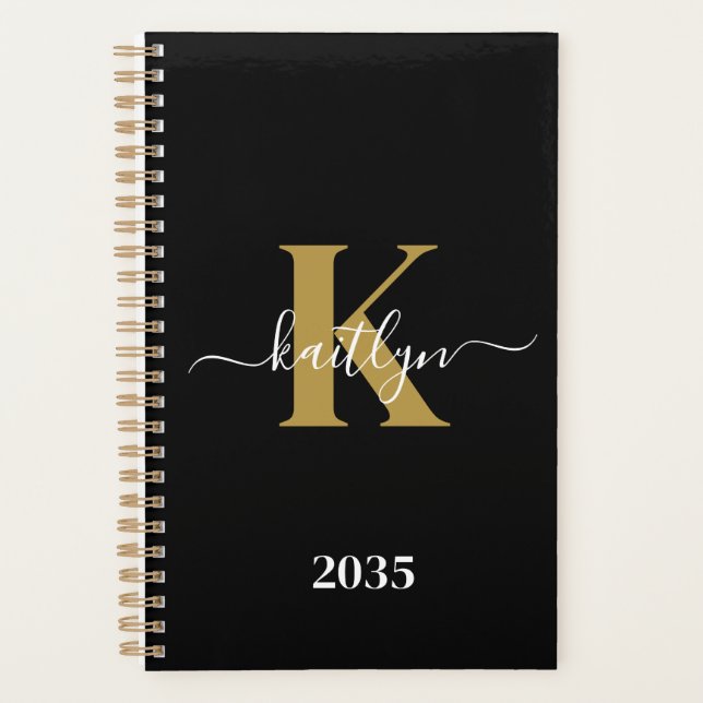 Agenda Monograma de Script Dourado Preto Elegante (Frente)