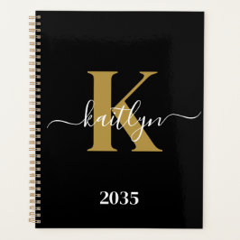 Agenda Monograma de Script Dourado Preto Elegante