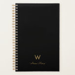Agenda Monograma de Script Dourado Preto Moderno<br><div class="desc">Um design monograma moderno e elegante,  com tipografia de guiões minimalistas dourados manuscritos e tipografia de blocos serif em um fundo preto elegante. O monograma e o nome podem ser facilmente personalizados.</div>