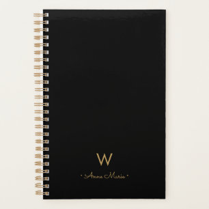 Agenda Monograma de Script Dourado Preto Moderno