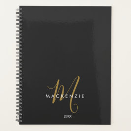 Agenda Monograma de Script Dourado Preto Moderno Elegante