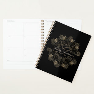 Agenda Monograma de Script Floral Dourado e Preto Chic El