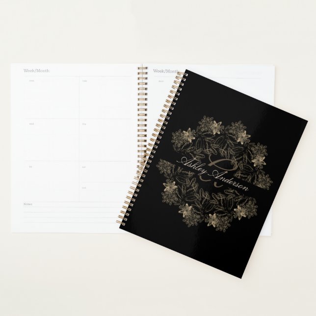 Agenda Monograma de Script Floral Dourado e Preto Chic El (Exibição)