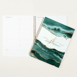 Agenda Monograma de Script Glitter Dourado Agato Turquesa
