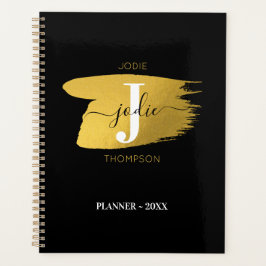Agenda Monograma de Script Preto e Dourado Moderno Inicia