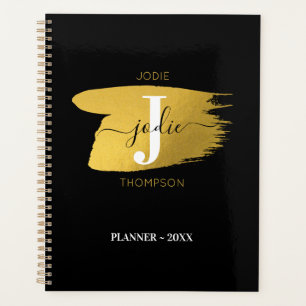 Agenda Monograma de Script Preto e Dourado Moderno Inicia
