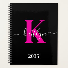 Agenda Monograma de Script Rosa Quente Preto Elegante