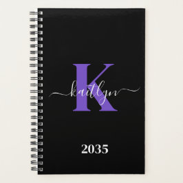 Agenda Monograma de Script Roxo Preto Moderno