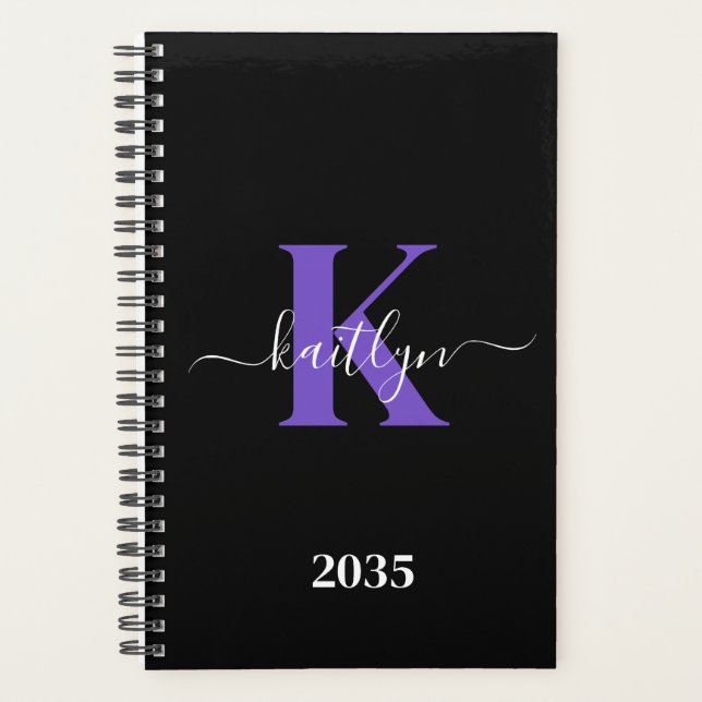 Agenda Monograma de Script Roxo Preto Moderno (Frente)