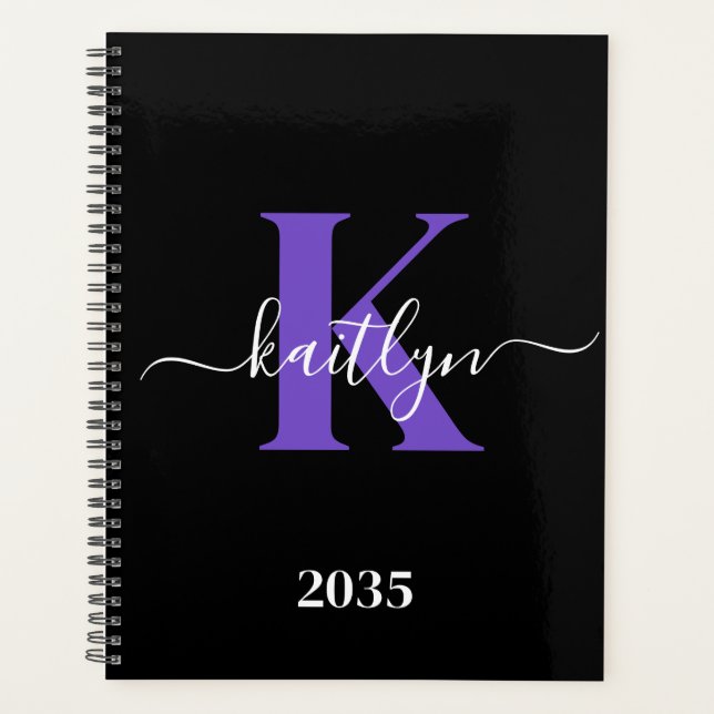Agenda Monograma de Script Roxo Preto Moderno (Frente)
