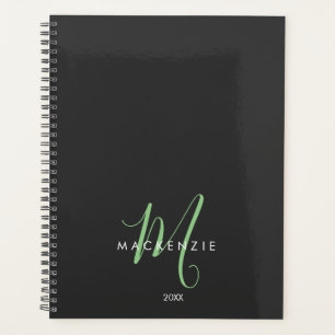 Agenda Monograma de Script Verde Preto Moderno Elegante