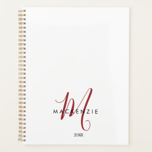 Agenda Monograma de Script Vermelho Branco Moderno Elegan