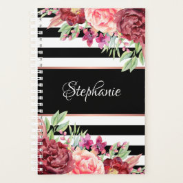 Agenda Monograma de Stripes Florais Negras Burgundy