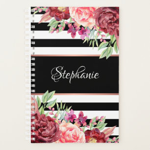 Agenda Monograma de Stripes Florais Negras Burgundy
