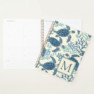 Agenda Monograma de Tartarugas do Mar Azul e Creme