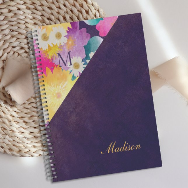 Agenda Monograma de Trendy Girly Floral Amarelo Roxo (Criador carregado)