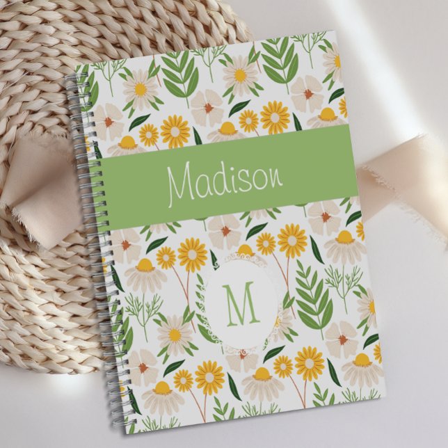 Agenda Monograma de Trendy Girly Floral Verde Amarelo (Criador carregado)