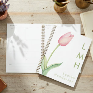 Agenda Monograma de Tulipas de Aquarela Rosa Mínima Moder