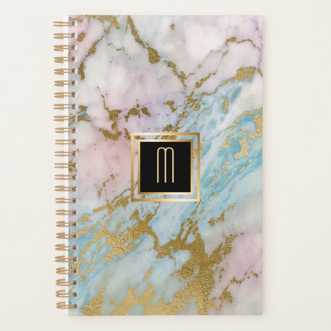 Agenda Monograma de Turquesa Dourada Marble Pale (Frente)