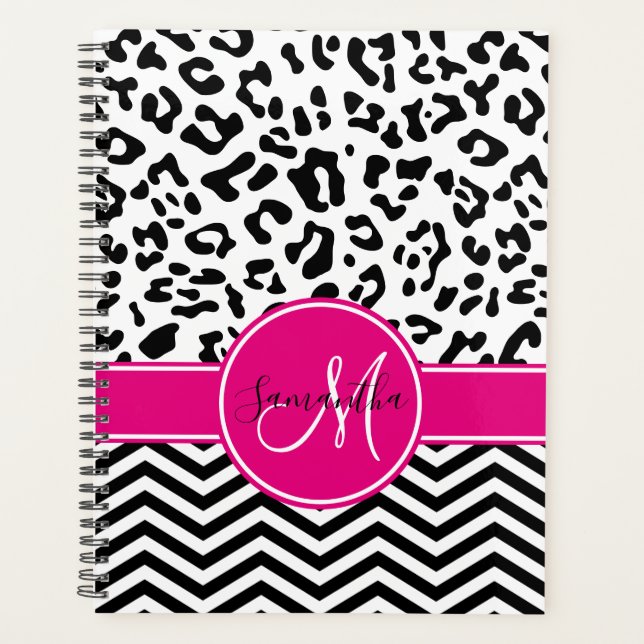 Agenda Monograma do Leopardo Branco Preto-Rosa-Quente (Frente)