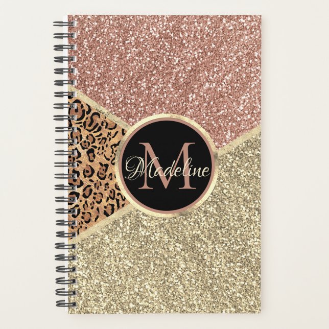 Agenda Monograma do Leopardo Dourado com Rosa striptease (Frente)