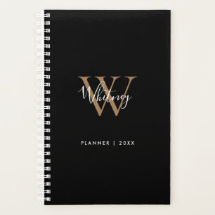 Agenda Monograma do Nome do Script Dourado Preto Elegante