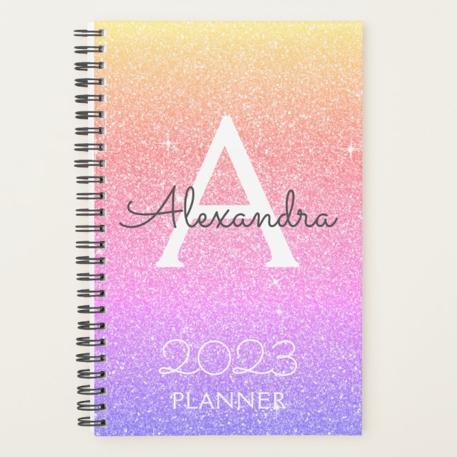 Agenda Monograma do Rainbow Pastel Glitter Sparkle 2022 (Frente)
