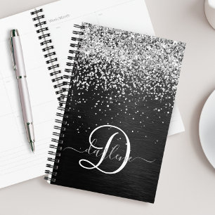 Agenda Monograma do Sparkle Preto com Glitter de Prata Pe