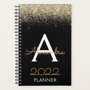 Agenda Monograma Dourado com brilho preto 2022, luxo mode