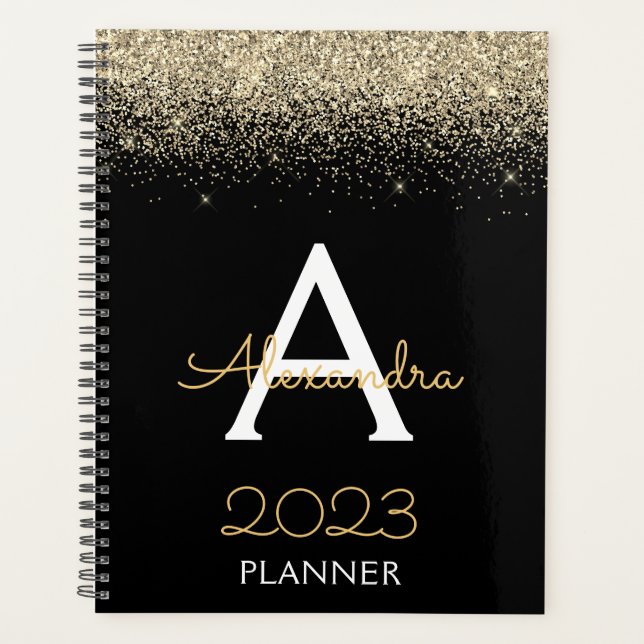 Agenda Monograma Dourado com brilho preto 2023, luxo mode (Frente)