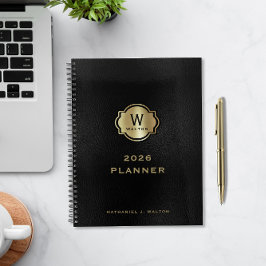 Agenda Monograma Dourado com Visual de Couro Preto