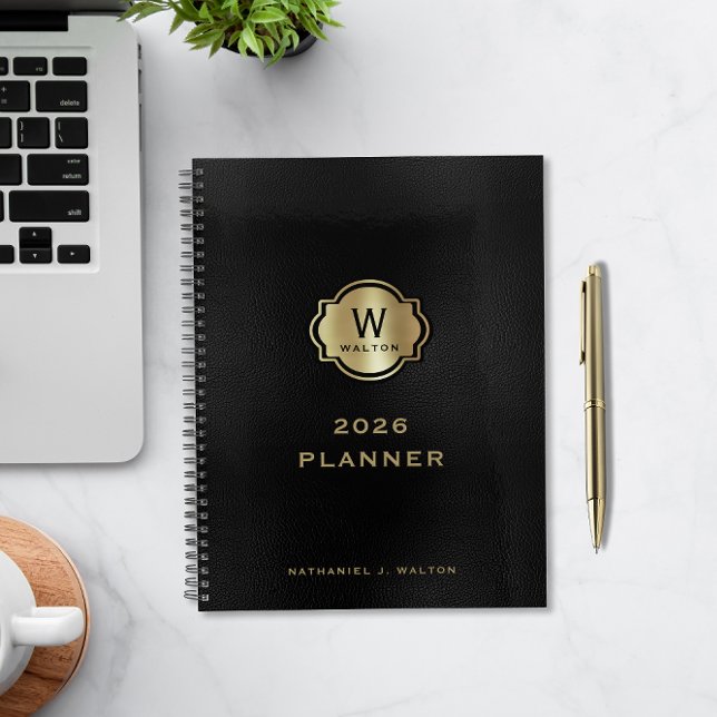 Agenda Monograma Dourado com Visual de Couro Preto (Criador carregado)