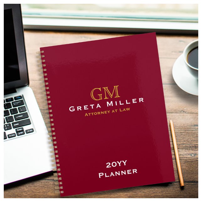 Agenda Monograma Dourado de Borgonha Profissional Elegant (Criador carregado)