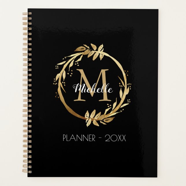 Agenda Monograma Dourado de cupão Elegante Preto (Frente)