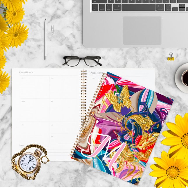 Agenda Monograma Dourado de espiral cor-de-rosa com borbo (Criador carregado)