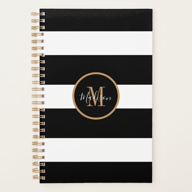 Agenda Monograma Dourado de  Preto e Branco Moderno (Frente)