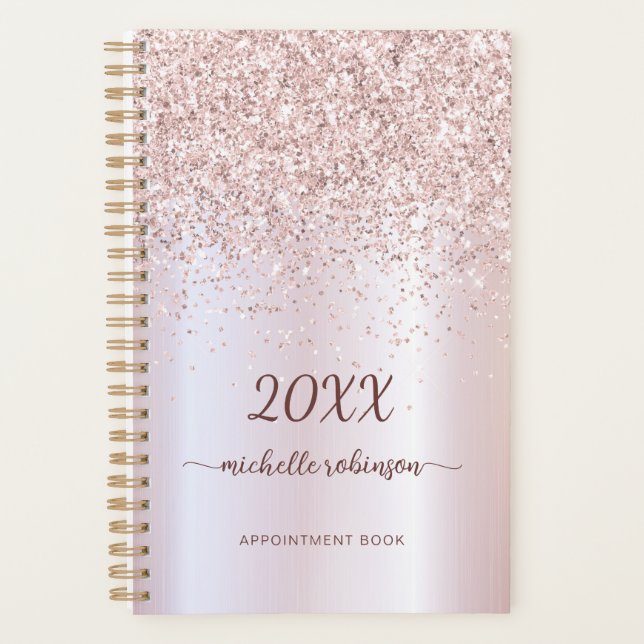 Agenda Monograma Dourado de Rosa de Metal de Blush Girly  (Frente)