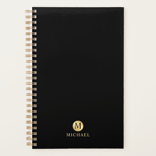 Agenda Monograma Dourado e Preto de Luxo (Frente)