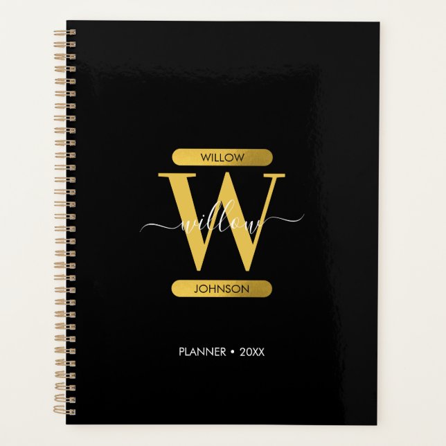 Agenda Monograma Dourado e preto elegante moderno (Frente)