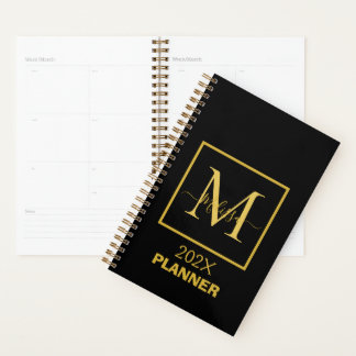 Agenda Monograma Dourado e Preto Moderno Simples