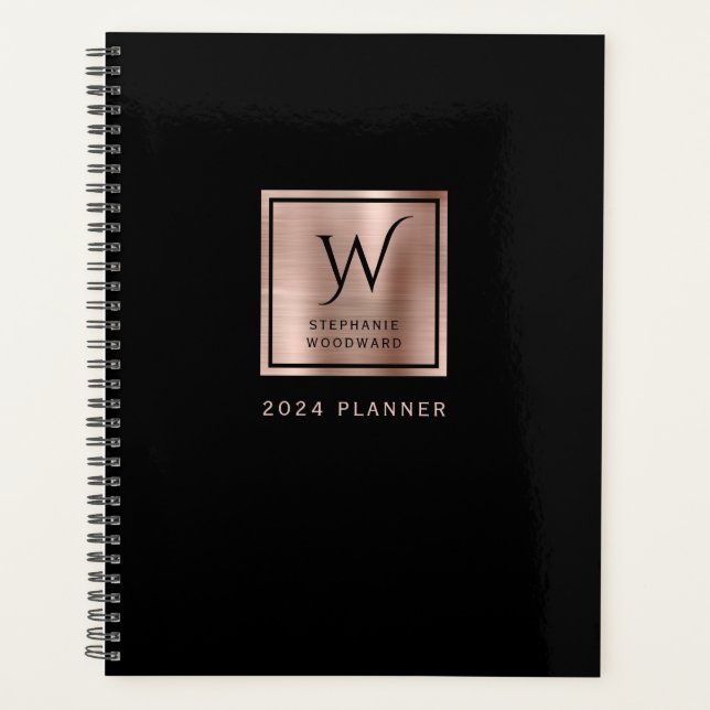 Agenda Monograma Dourado Elegante Rosa preto 2024 (Frente)